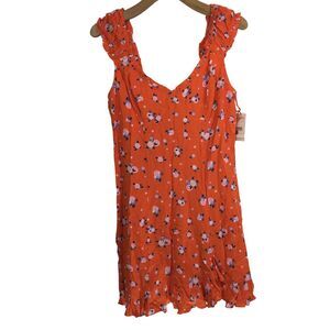 Free People Womens Like A Lady Citrus Lime Print Ruffle Mini Dress Orange L NWT